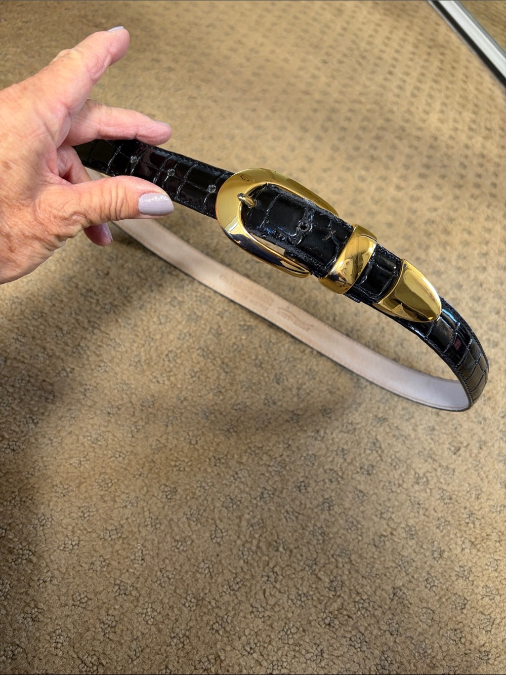 Black Croc-Embossed Belt with Gold Buckle